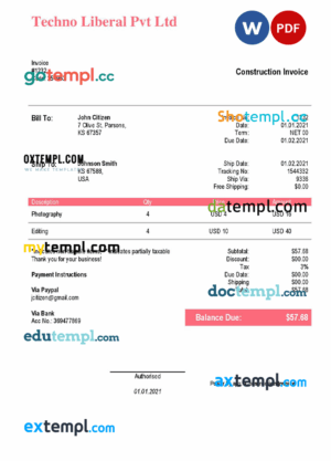 sample USA Techno Liberal Pvt Ltd invoice template in Word and PDF format, fully editable download