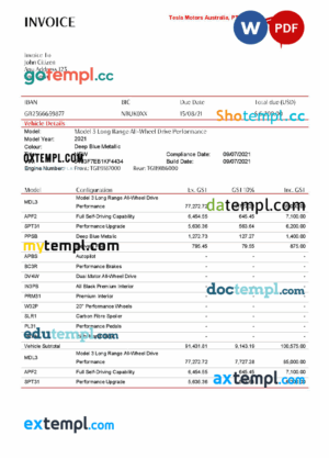 sample USA Tesla invoice template in Word and PDF format, fully editable download