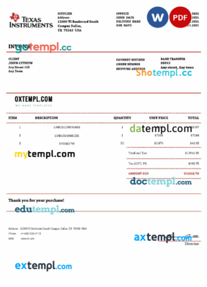 sample USA Texas Instruments invoice template in Word and PDF format, fully editable download