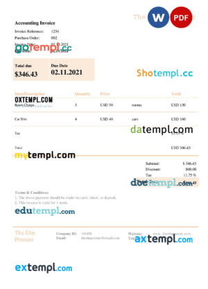 sample USA The Elm Premier invoice template in Word and PDF format, fully editable download
