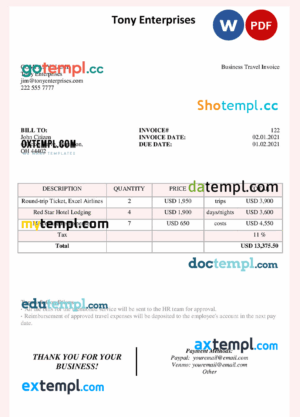 sample USA Tony Enterprises invoice template in Word and PDF format, fully editable download