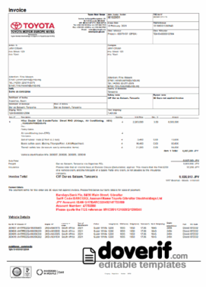 sample USA Toyota invoice template in Word and PDF format, fully editable download