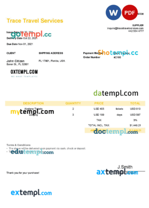 sample USA Trace Travel Services invoice template in Word and PDF format, fully editable download
