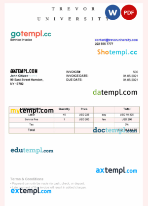 sample USA Trevor University invoice template in Word and PDF format, fully editable download