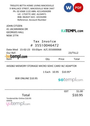 sample USA Trisleys Betta Home tax invoice Word and PDF template download