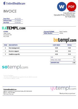 sample United Health Care invoice template in Word and PDF format, fully editable download