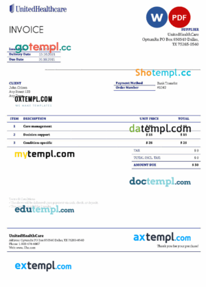 sample USA UnitedHealthCare invoice template in Word and PDF format, fully editable download