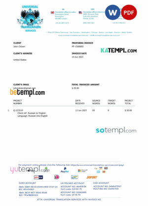 sample USA Universal Translation Services invoice Word and PDF template download