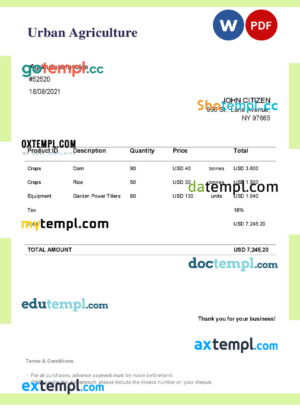 sample USA Urban Agriculture invoice template in Word and PDF format, fully editable download