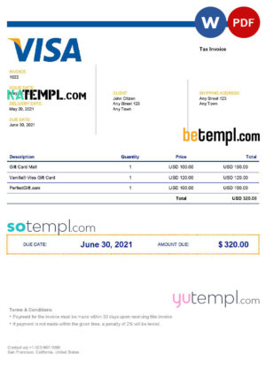 sample USA Visa invoice template in Word and PDF format, fully editable download
