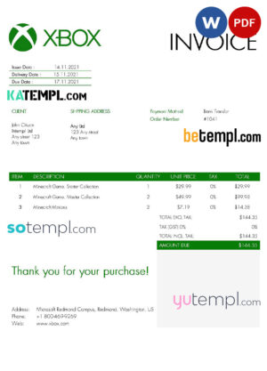sample USA Xbox invoice template in Word and PDF format, fully editable download