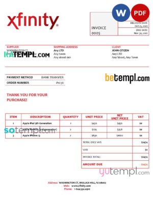 sample USA Xfinity invoice template in Word and PDF format, fully editable download