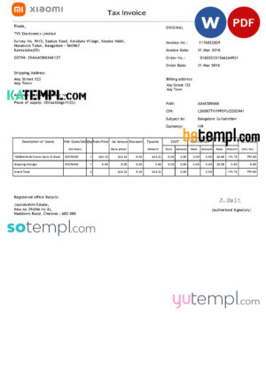 sample USA Xiaomi invoice template in Word and PDF (.doc and .pdf) format download