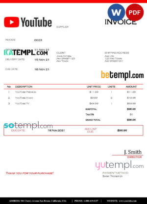 sample USA Youtube invoice template in Word and PDF format, fully editable download