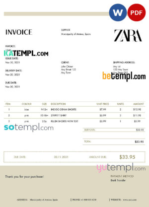 sample USA ZARA invoice template in Word and PDF (.doc and .pdf) format download
