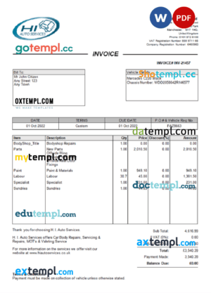 sample United Kingdom H I Auto Services Ltd invoice Word and PDF template, fully editable download