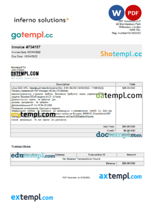 sample United Kingdom Inferno Solutions invoice Word and PDF template, fully editable download