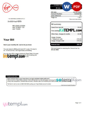 sample United Kingdom Virgin Media invoice Word and PDF template, 2 pages download