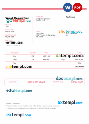 sample United Kingdom West Repair Inc invoice template in Word and PDF format, fully editable download