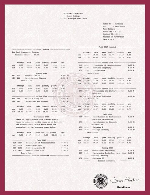 Baker College Michigan official transcript Word and PDF template