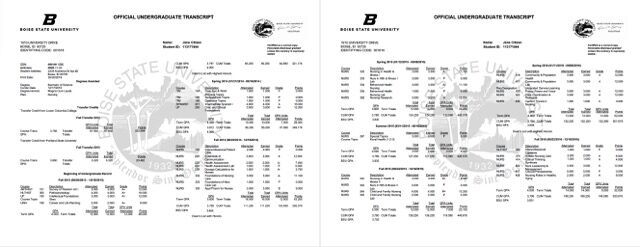 Boise State University official undergraduate transcript Word and PDF template, 2 pages