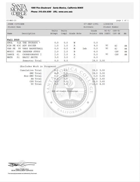 California Santa Monica College transcript Word and PDF template