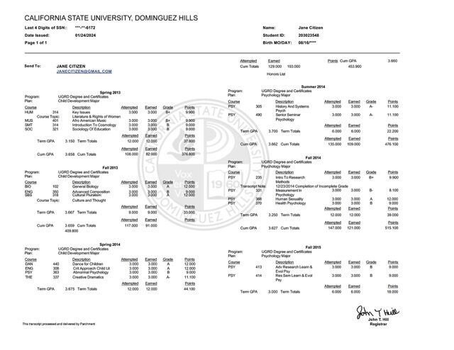 California State University Dominguez Hills transcript Word and PDF template
