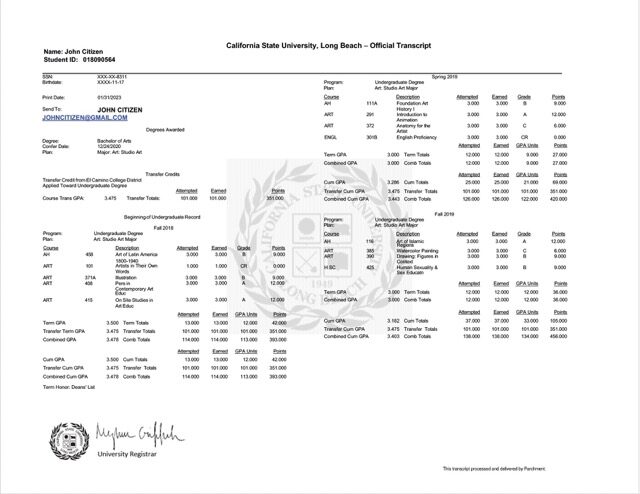California State University, Long Beach official transcript Word and PDF template