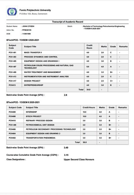 Cameroon Fomic Polytechnic University transcript of academic record Word and PDF template