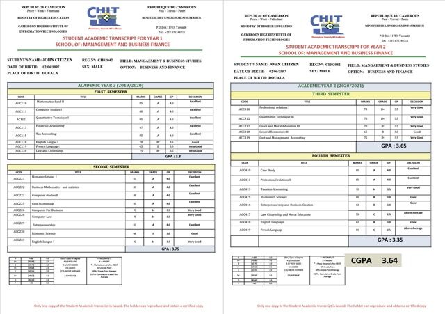 Cameroon Higher Institute of Information Technologies student academic transcript Word and PDF template, 2 pages