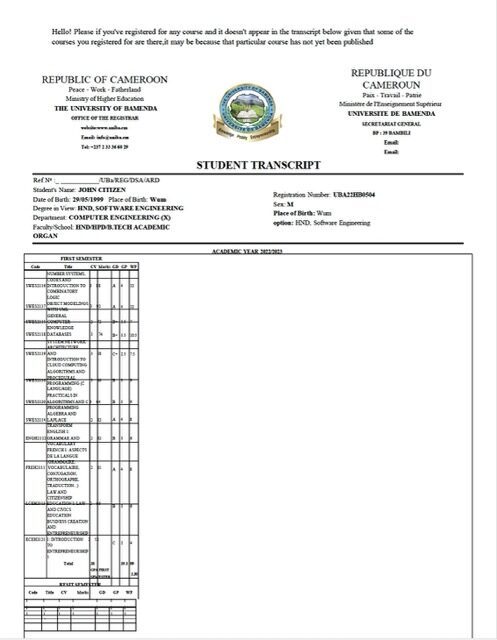 Cameroon The University of Bamenda student transcript Word and PDF template