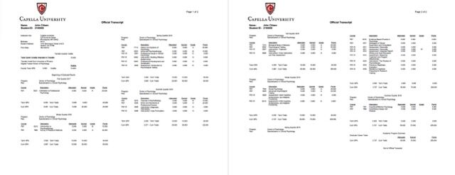 Capella University official transcript Word and PDF template, 2 pages