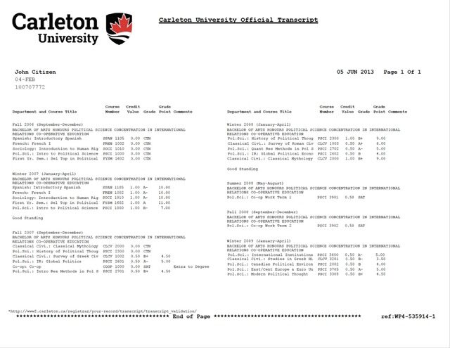 Carleton University official transcript Word and PDF template