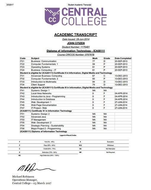 Central College academic transcript Word and PDF template