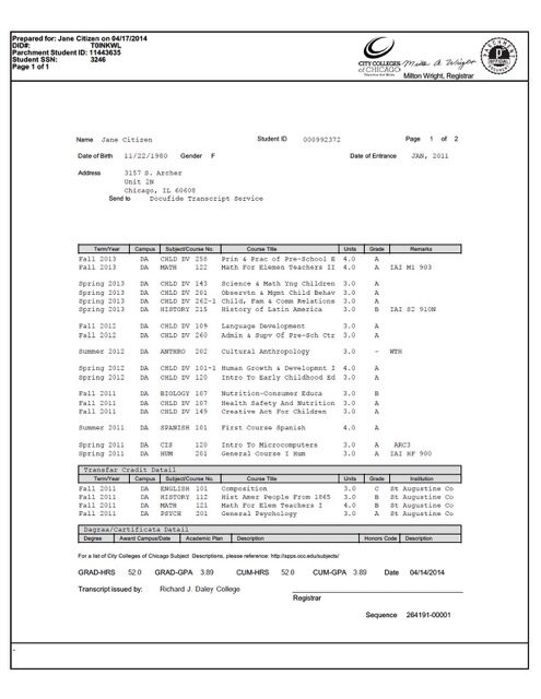 City Colleges of Chicago official trasncript Word and PDF template