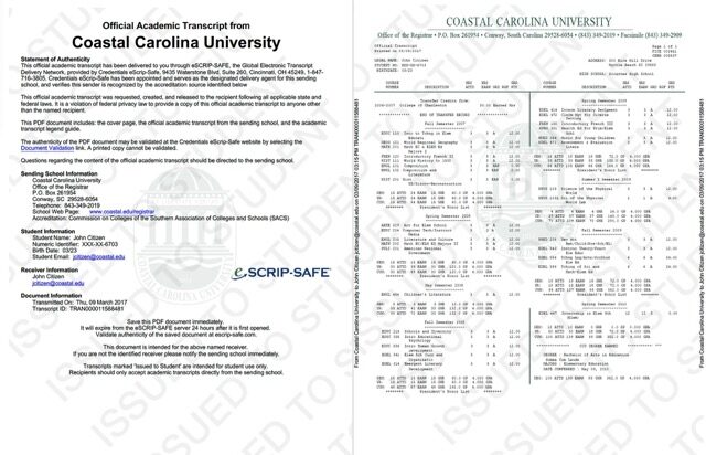 Coastal Carolina University official academic transcript Word and PDF template, 2 pages