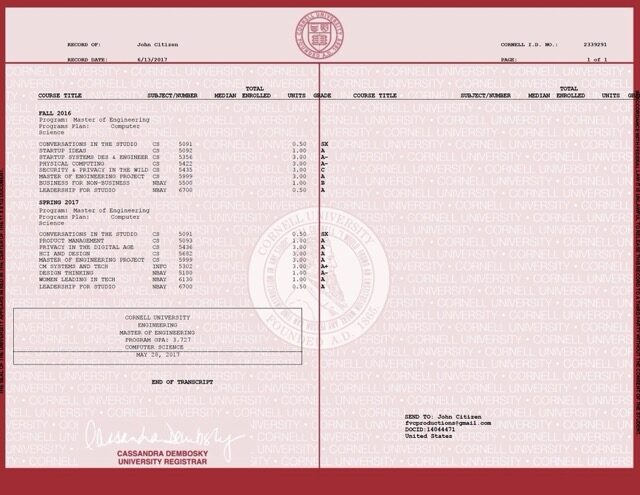 Cornell University transcript Word and PDF template