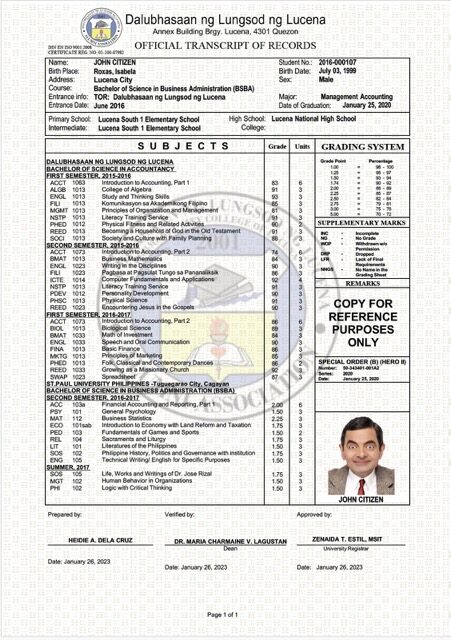 Dalubhasaan ng Lungsod ng Lucena official transcript of records Word and PDF template