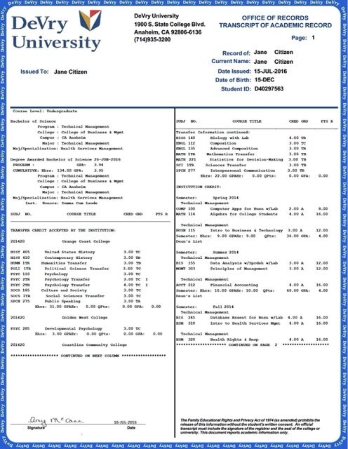 DeVry University transcript of academic record Word and PDF template