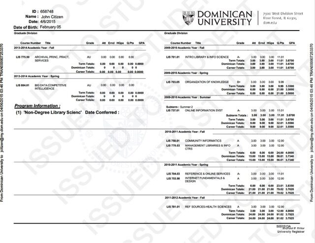 Dominican University official academic transcript Word and PDF template, 2 pages
