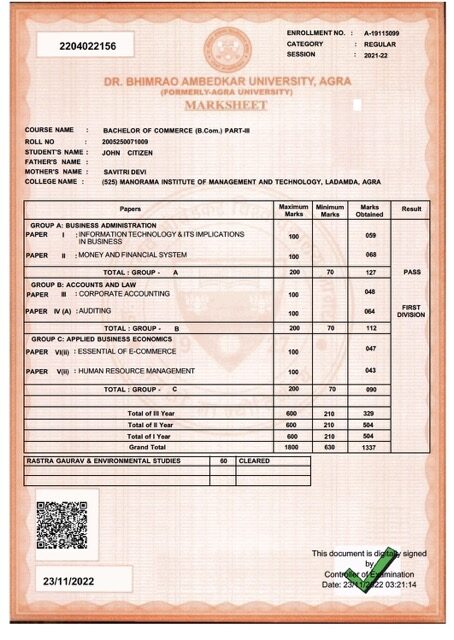 Dr Bhimrao Ambedkar University, Agra marksheet Word and PDF template