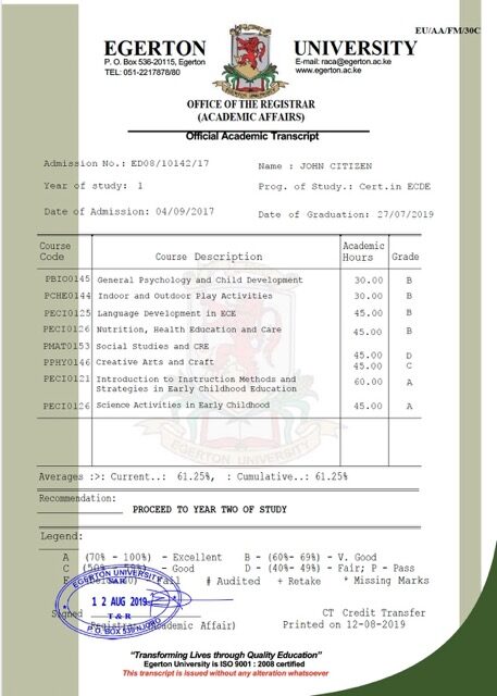 Egerton University official academic transcript Word and PDF template