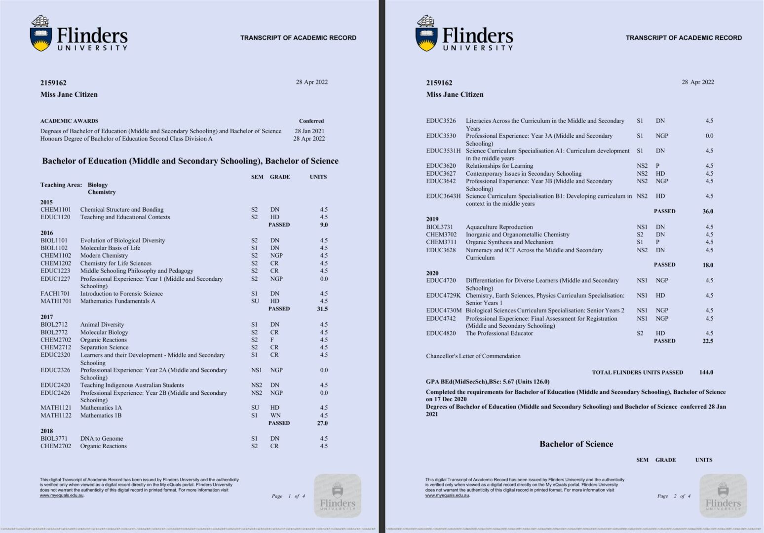 Flinders University transcript of academic record Word and PDF template, 4 pages