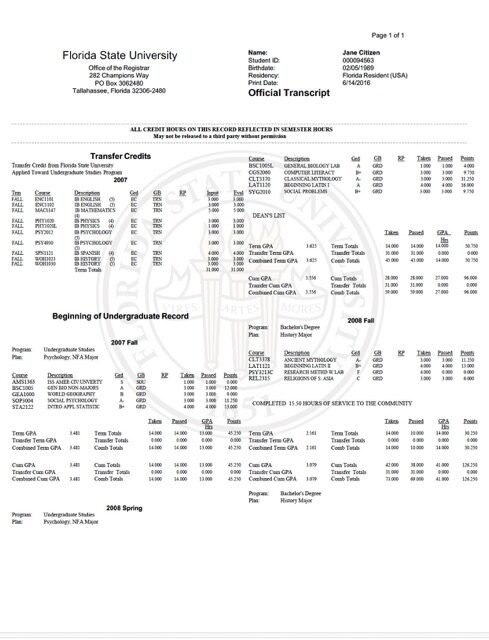 Florida State University official transcript Word and PDF template
