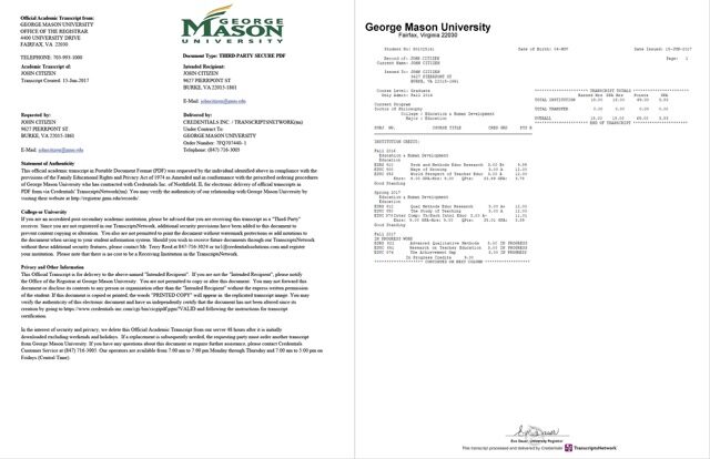 George Mason University official academic transcript Word and PDF template, 2 pages