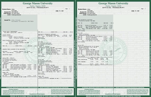 George Mason University official transcript Word and PDF template, 2 pages, version 2