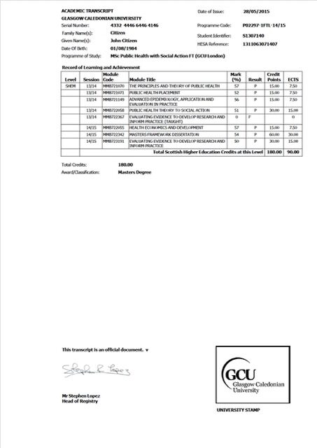Glasgow Caledonian University academic transcript Word and PDF template