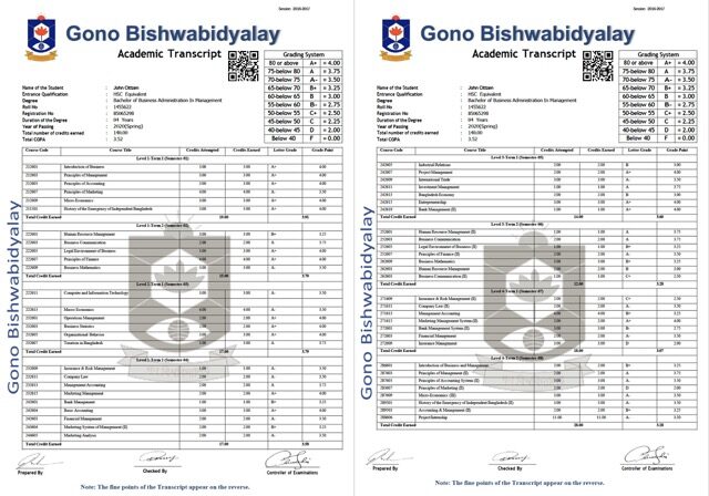 Gono Bishwabidyalay academic transcript Word and PDF template, 2 pages