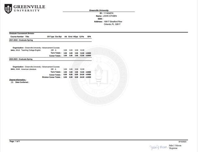 Greenville University transcript Word and PDF template