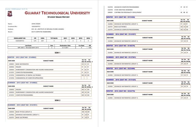 Gujarat Technological University student grade history Word and PDF template, 2 pages